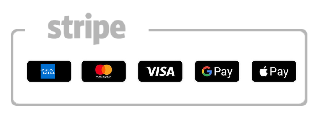 Visa, Mastercard, American Express, Apple Pay, Google Pay - secure payments by Stripe