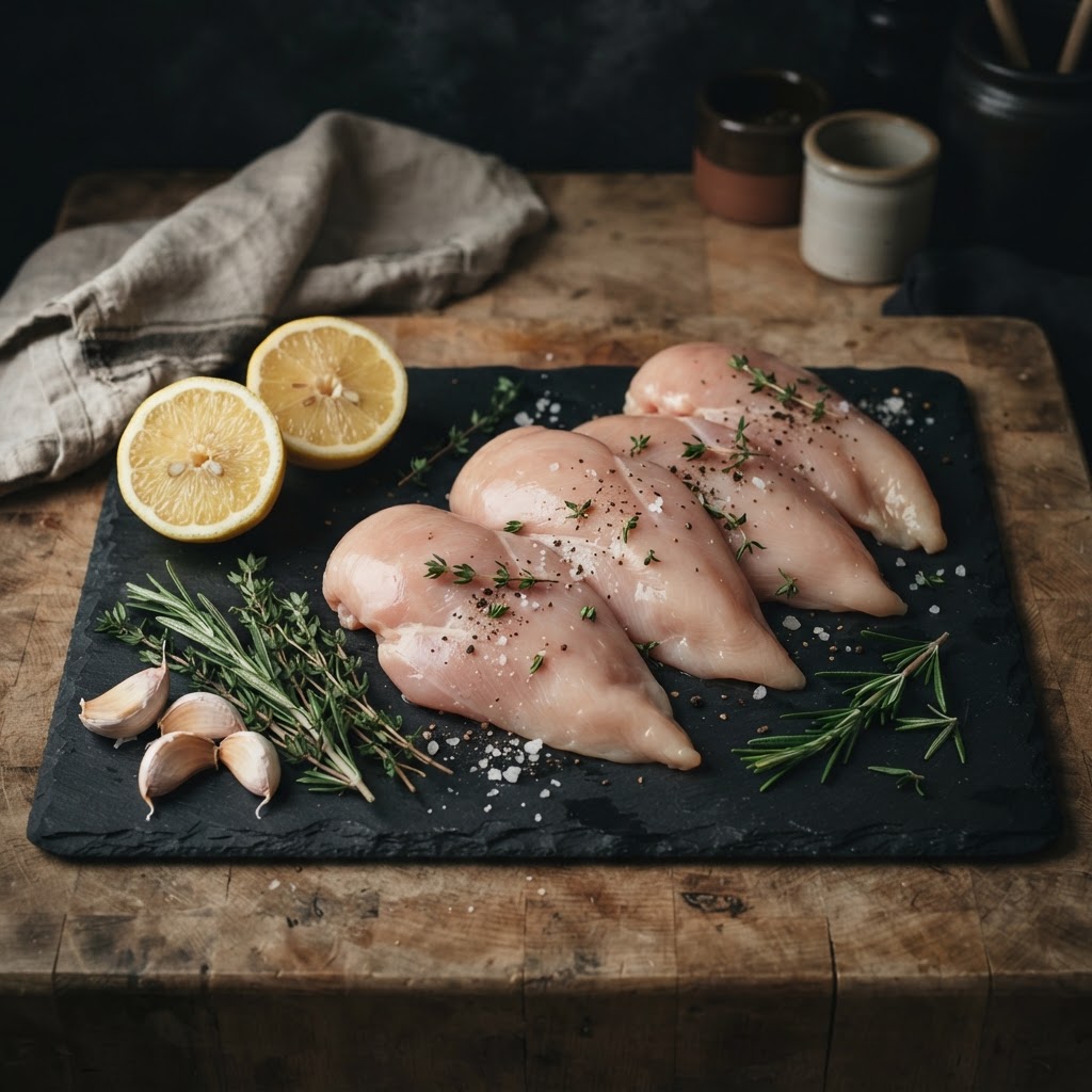 Raw chicken breast fillets on a slate board with lemons, garlic and herbs
