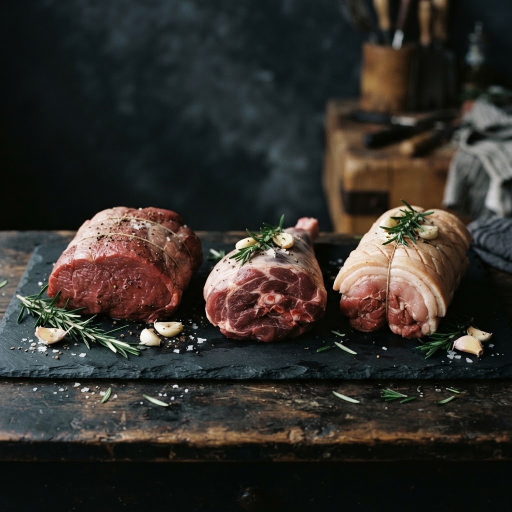Raw beef, lamb and pork roasting joints on a slate board with rosemary and garlic