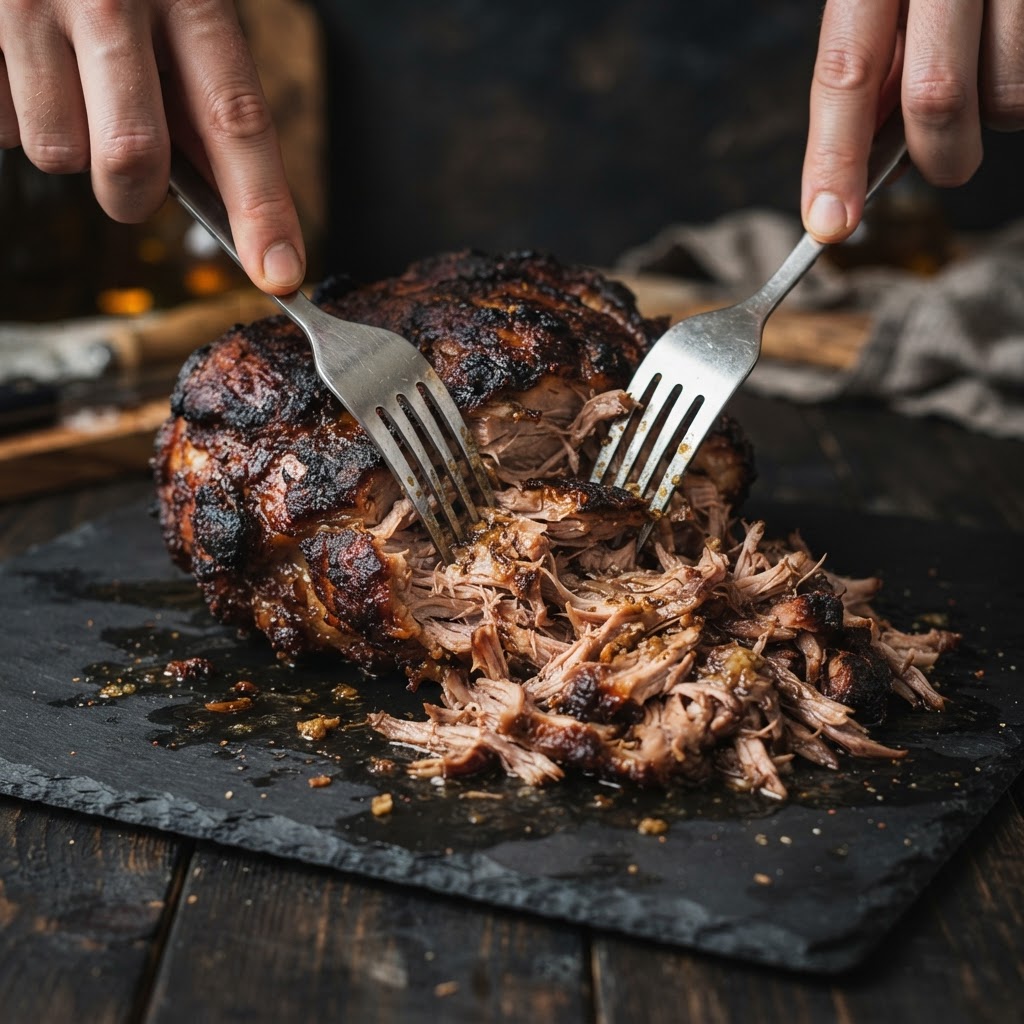 Shredded slow-roasted pork shoulder pulled apart with forks on a slate board