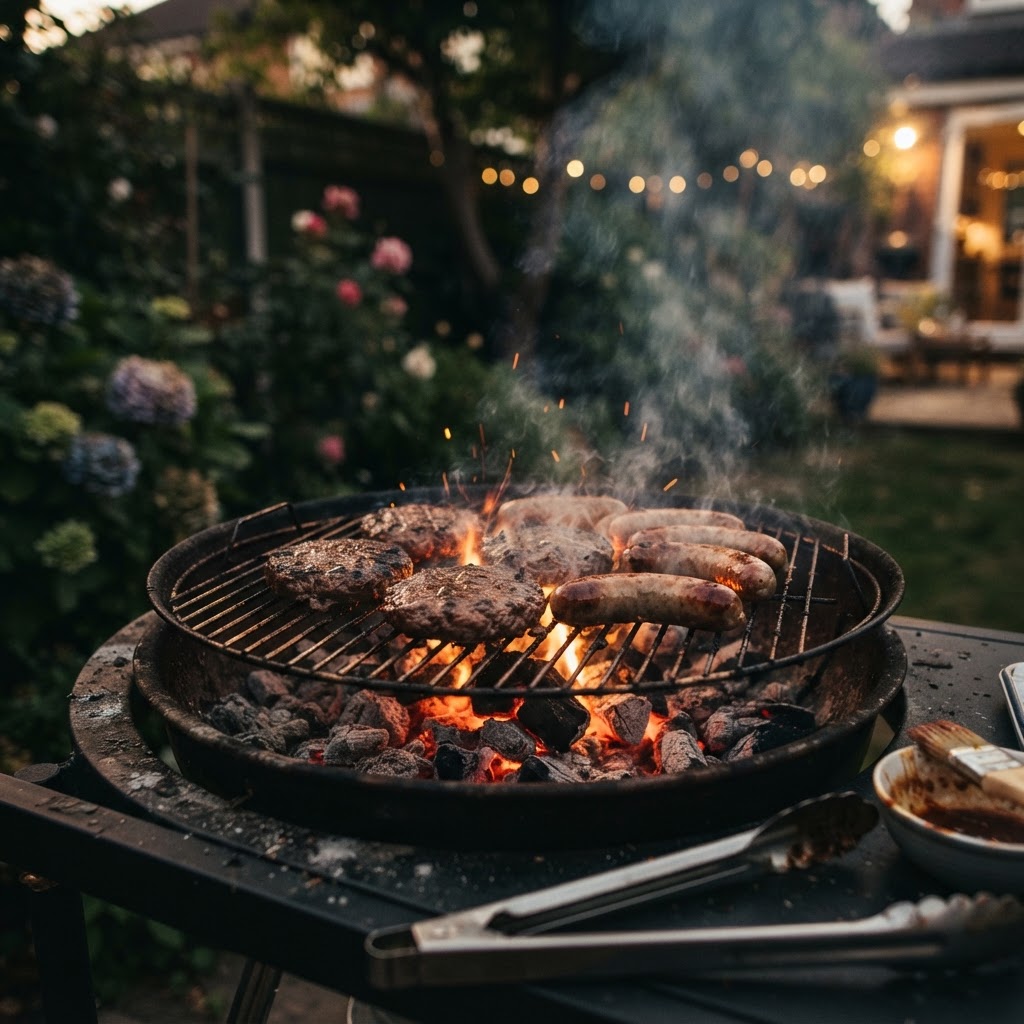Sizzling burgers and sausages on a charcoal BBQ grill at dusk