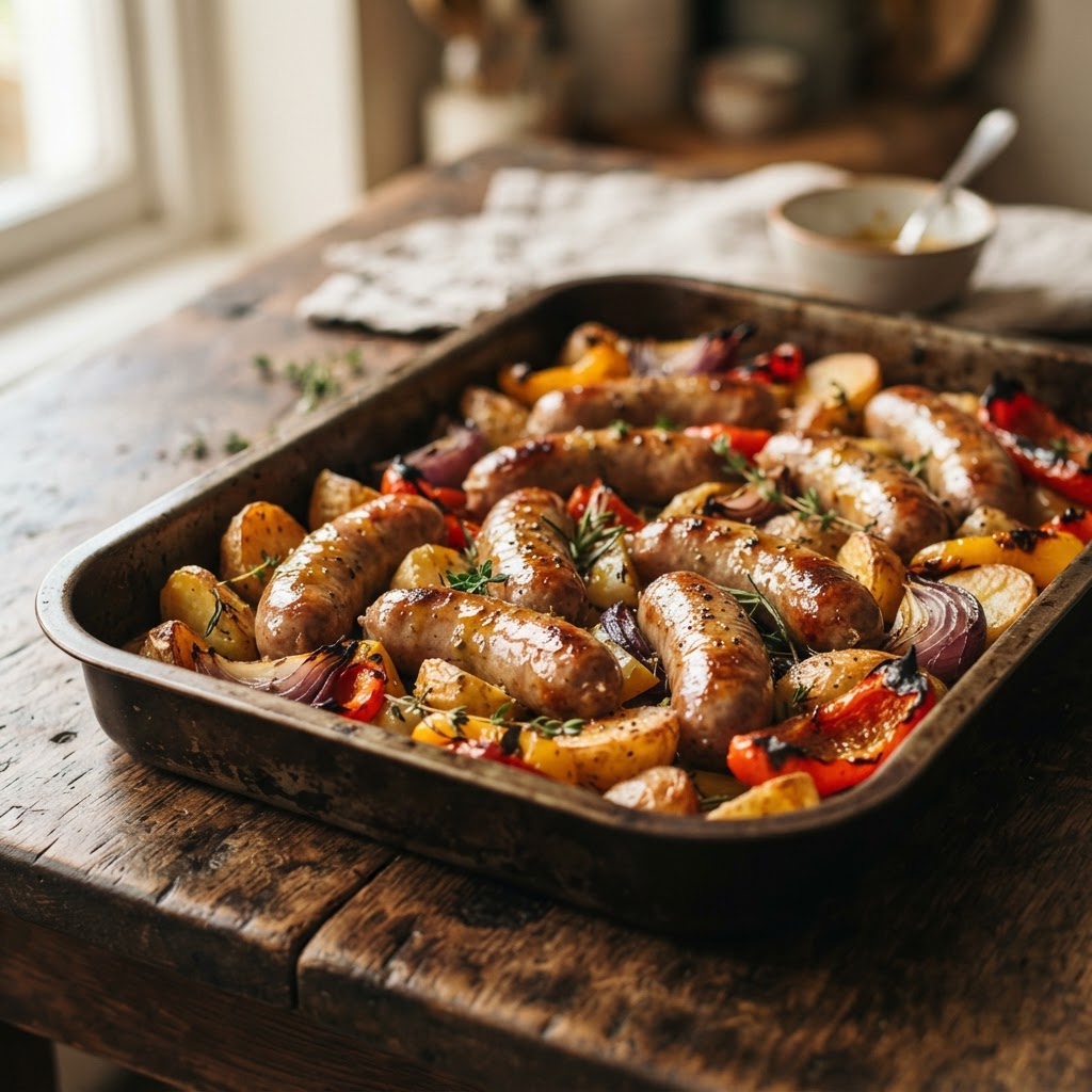 Cumberland sausages roasted with potatoes, peppers and onion in a honey mustard glaze