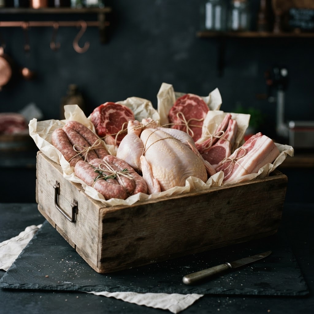 An open butcher hamper filled with wrapped fresh meats, sausages and a whole chicken