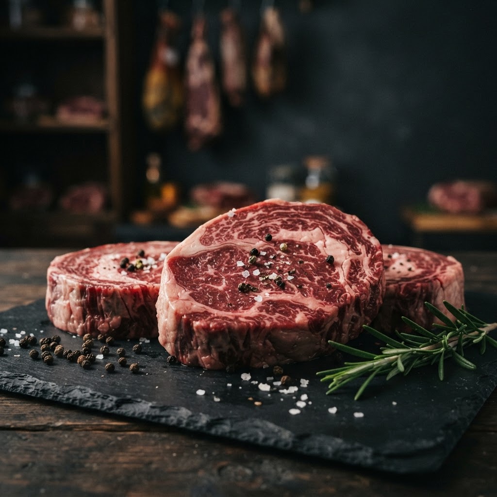 Two raw ribeye steaks with marbling on a slate board with peppercorns and rosemary