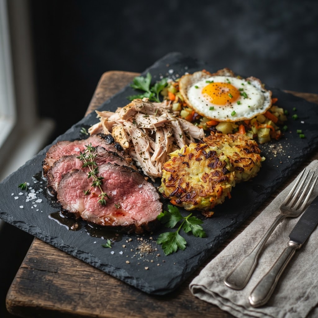 Sliced roast beef and shredded chicken on a slate board with a fried egg and bubble and squeak