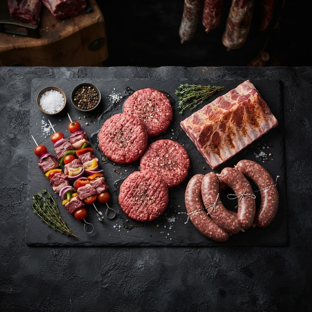 Raw BBQ meats including burgers, sausages, kebabs and ribs on a slate board