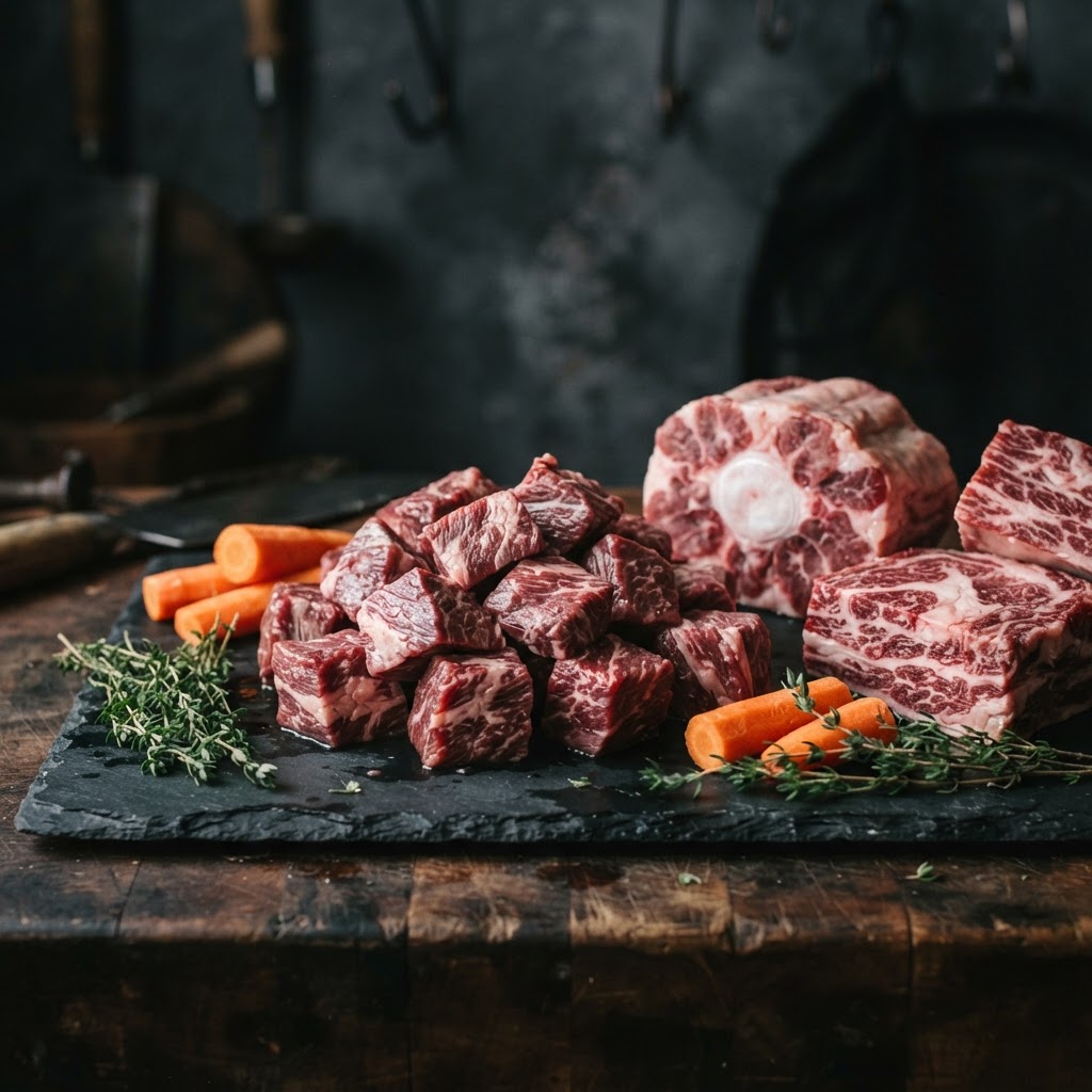 Raw diced beef, oxtail and ribs on a slate board with carrots and thyme