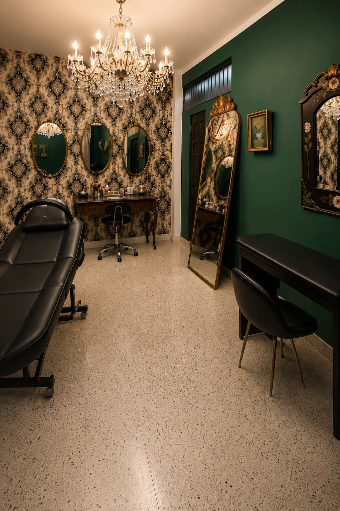 Stellar Studios Henna & Tattoo Facility — Interior with chandelier, vintage vanity, and gold-framed mirrors