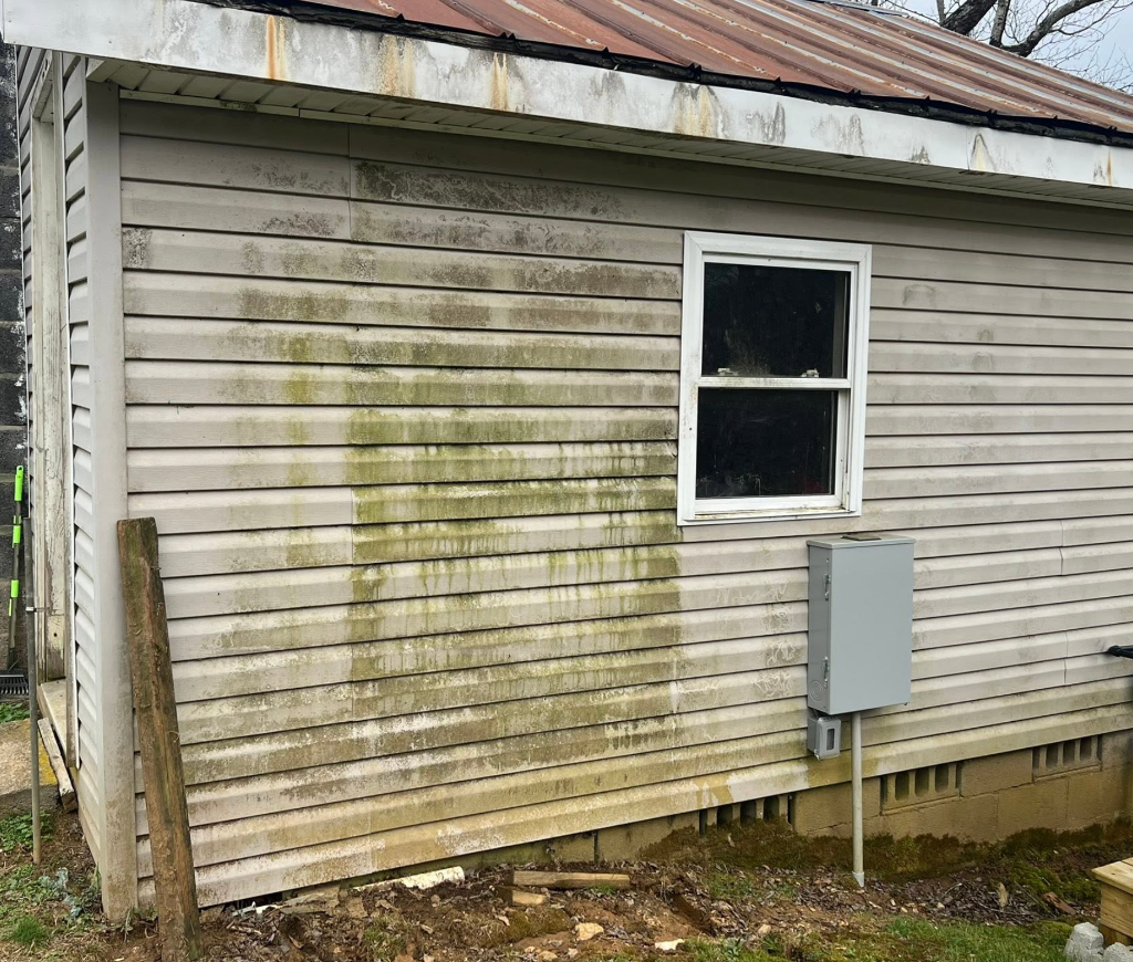 vinyl siding soft wash removing algae and grime before cleaning in Boone, NC