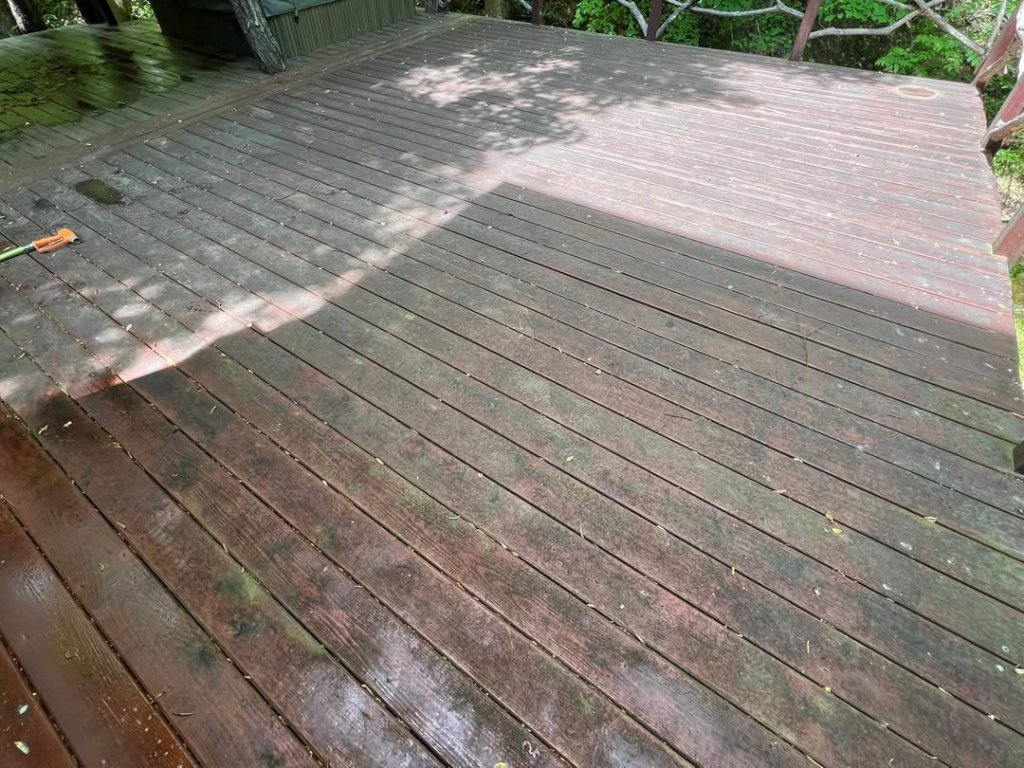 deck cleaning lifting gray oxidized wood fibers and grime before cleaning in Blowing Rock, NC