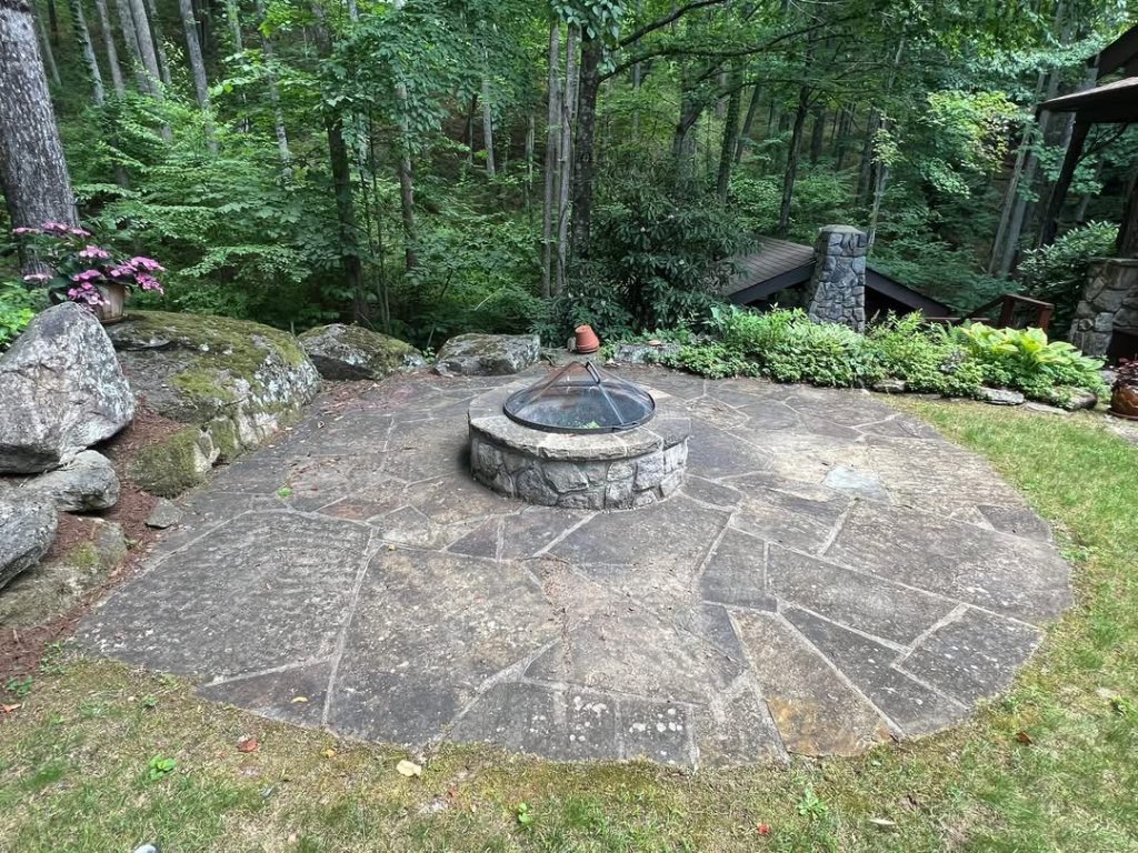 stone fire pit and flagstone patio cleaning removing moss and algae before cleaning in Blowing Rock, NC
