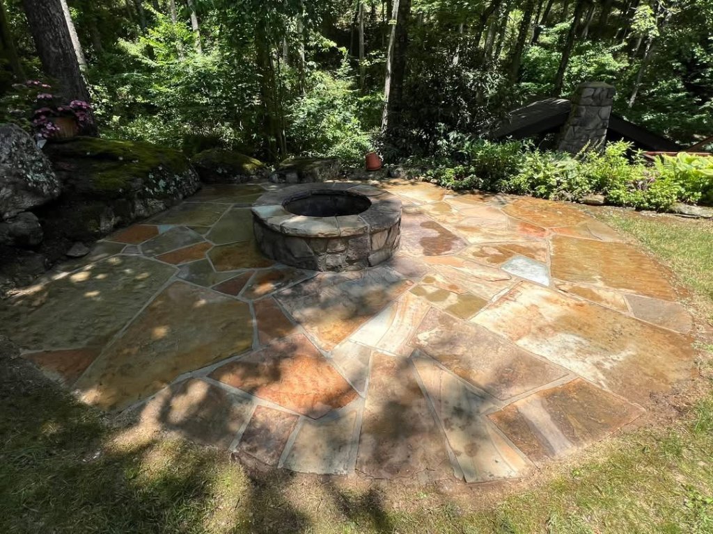 stone fire pit and flagstone patio cleaning removing moss and algae after cleaning in Blowing Rock, NC