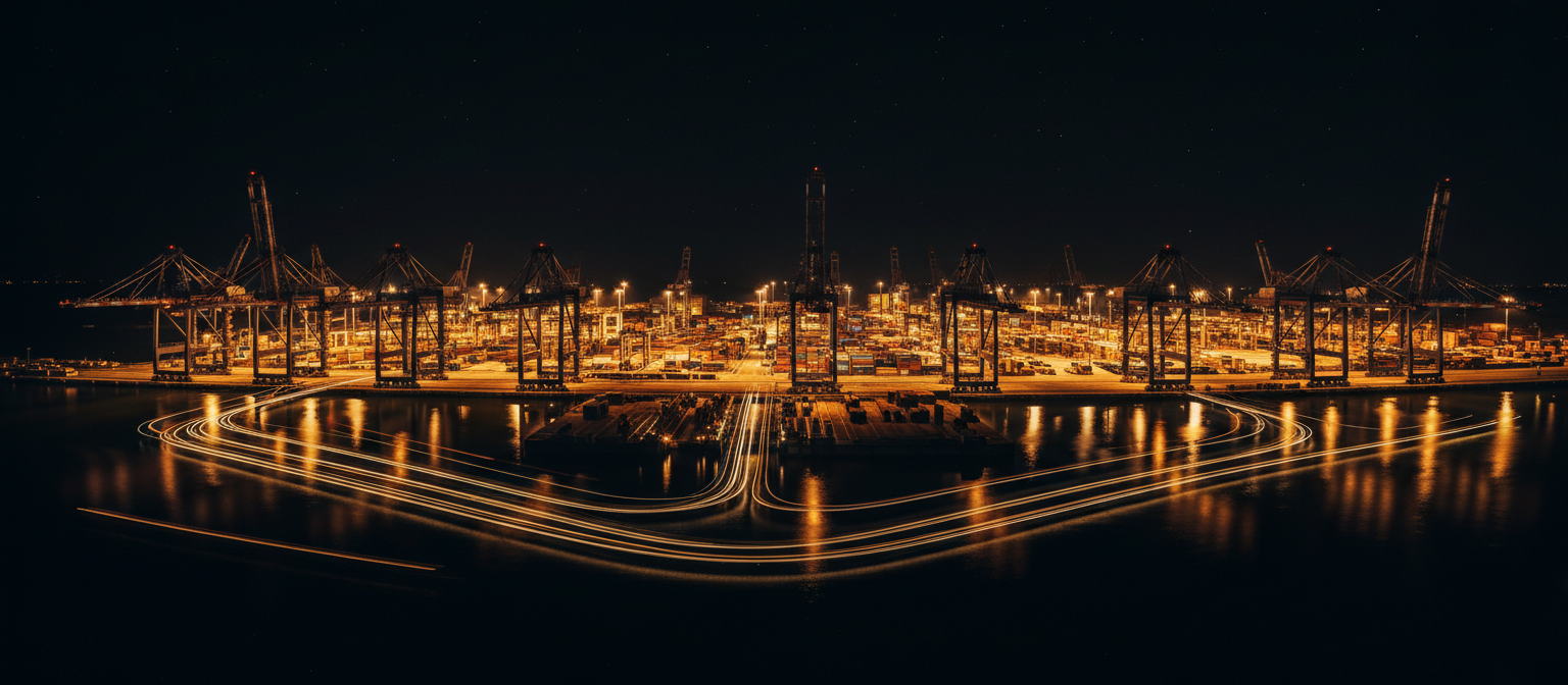 Global shipping port at night with amber light trails