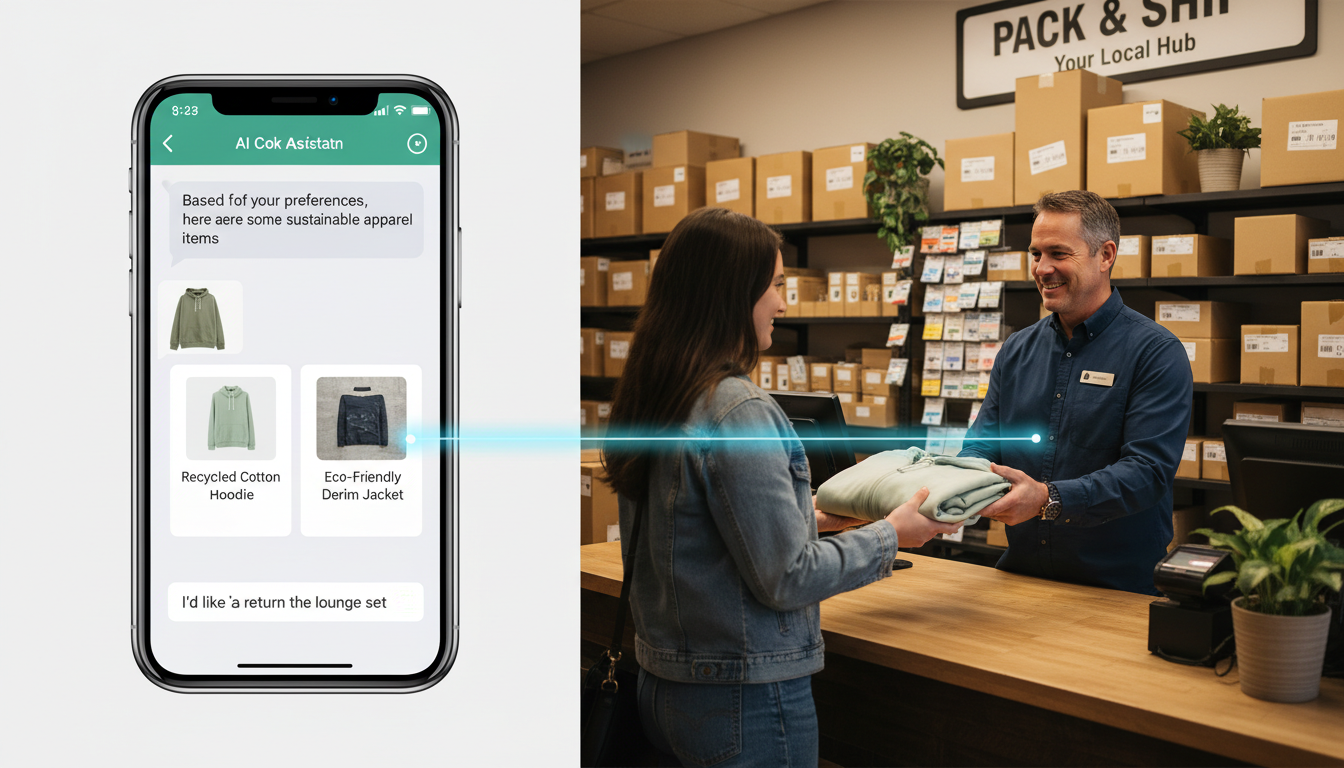 Digital AI shopping assistant connected to physical parcel counter handoff