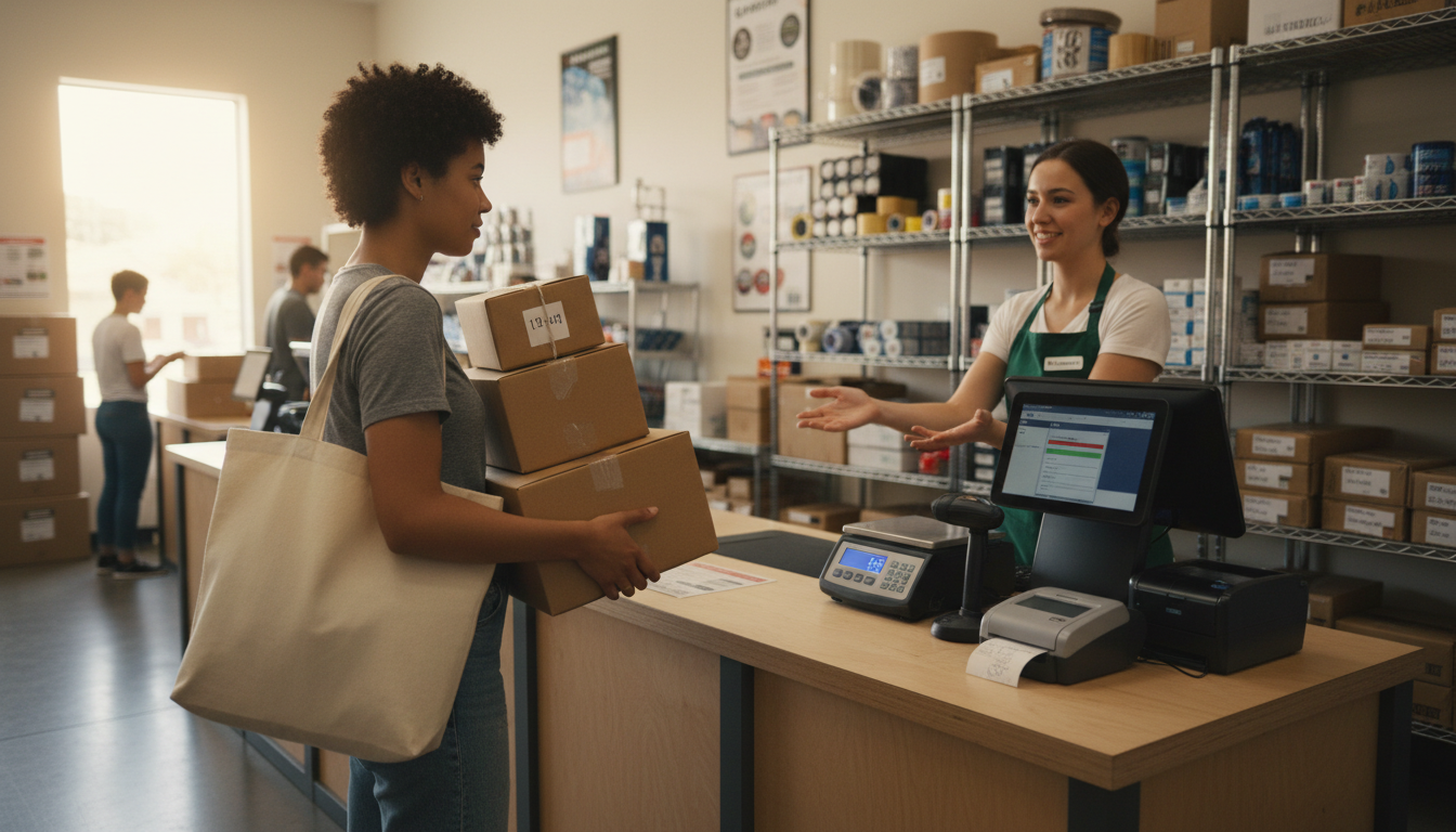 Marketplace seller dropping off multi-carrier packages at a single counter