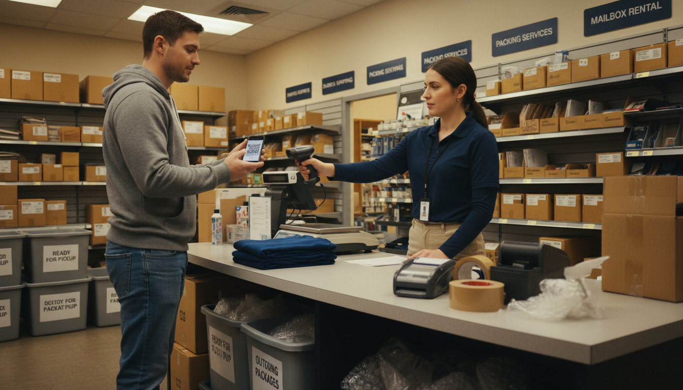 Customer dropping off package at carrier counter