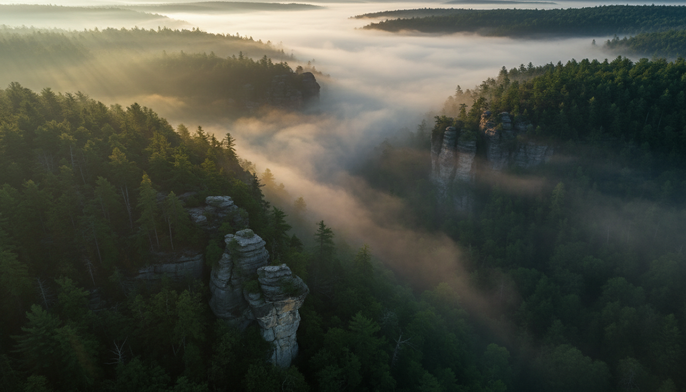 Cinematic aerial landscape of Hocking Hills forests in morning fog