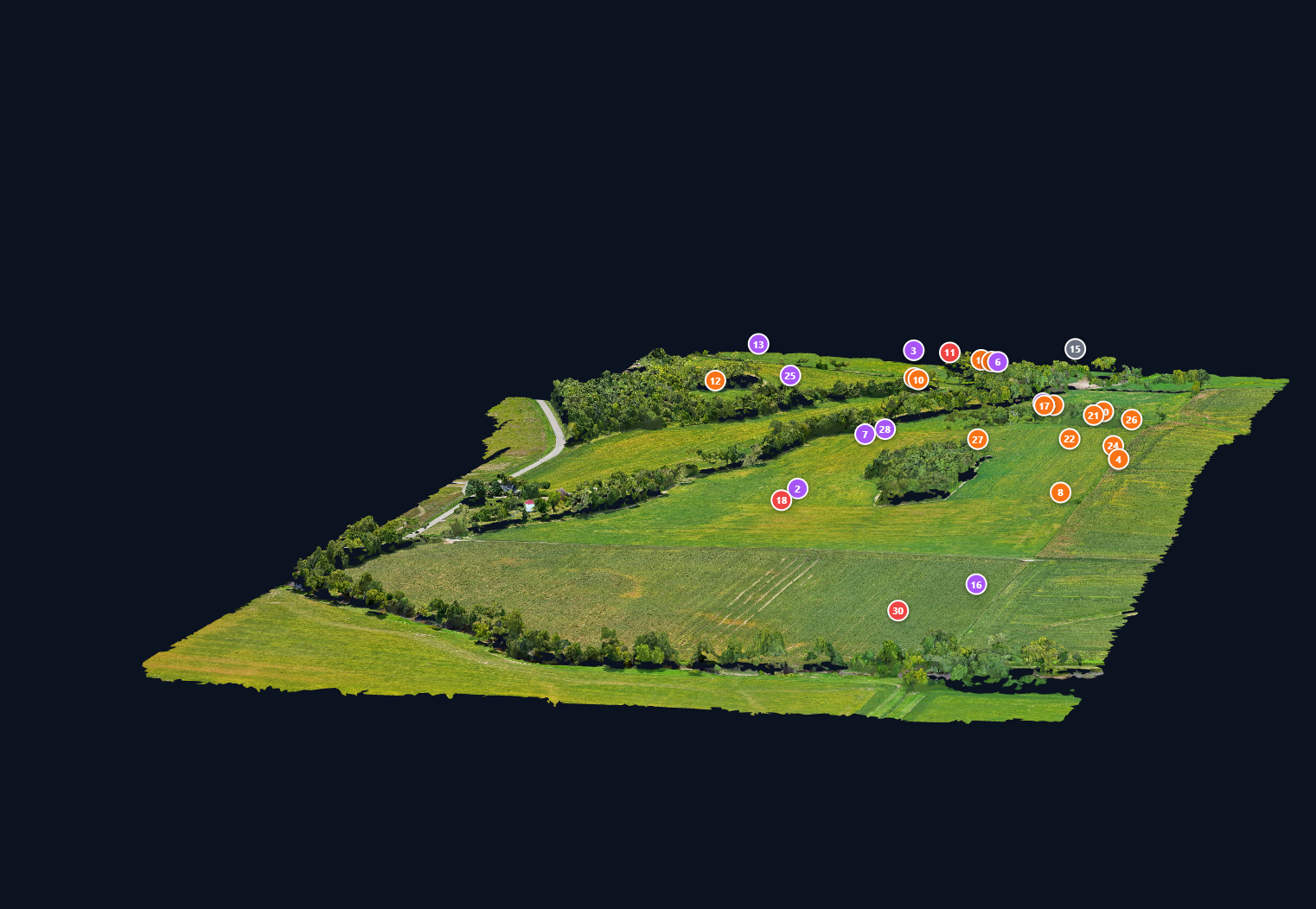 3D photogrammetry wildlife survey map with numbered thermal detection markers