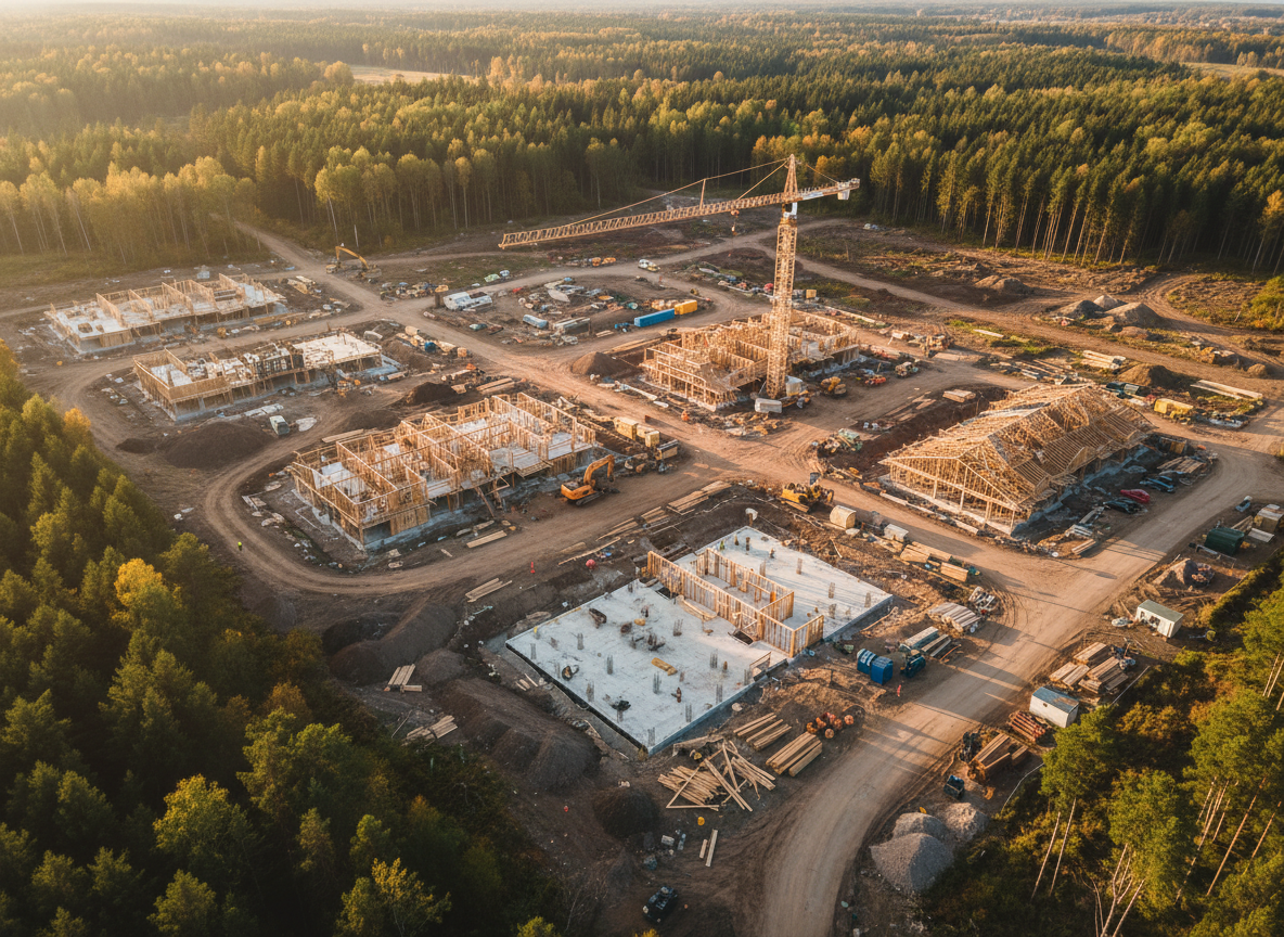 Aerial documentation of a construction site showing foundation and framing progress in golden hour light