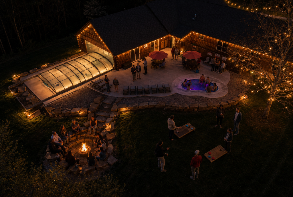 Aerial view of a luxury glamping retreat at night with illuminated structures, hot tub, and outdoor gathering areas