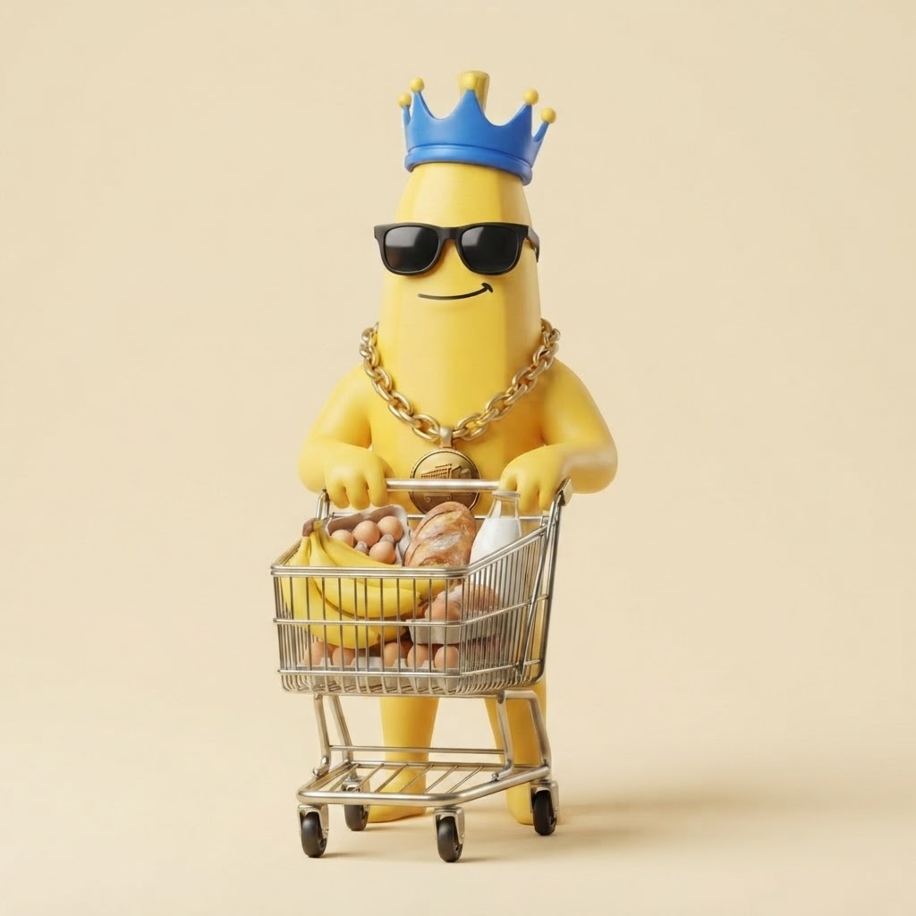 Mr. Cheap pushing a shopping cart full of groceries