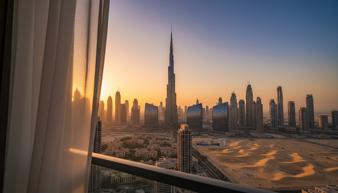 Dubai skyline at dawn with golden light