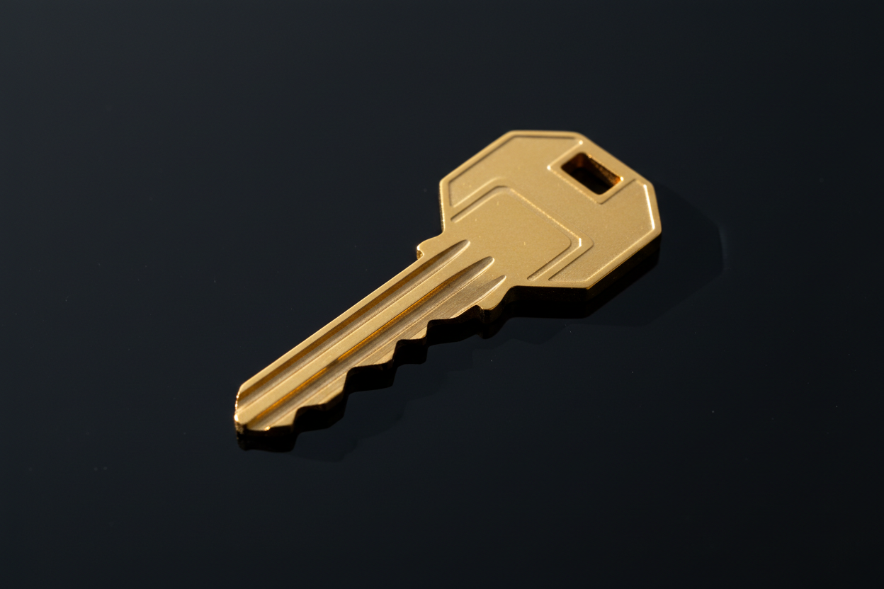 A golden key resting on a dark obsidian surface