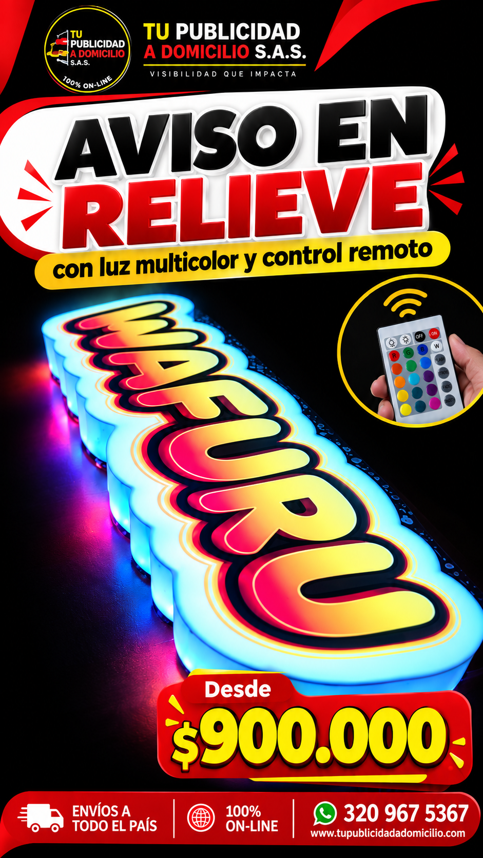 Aviso en Relieve con Luz Multicolor y Control Remoto