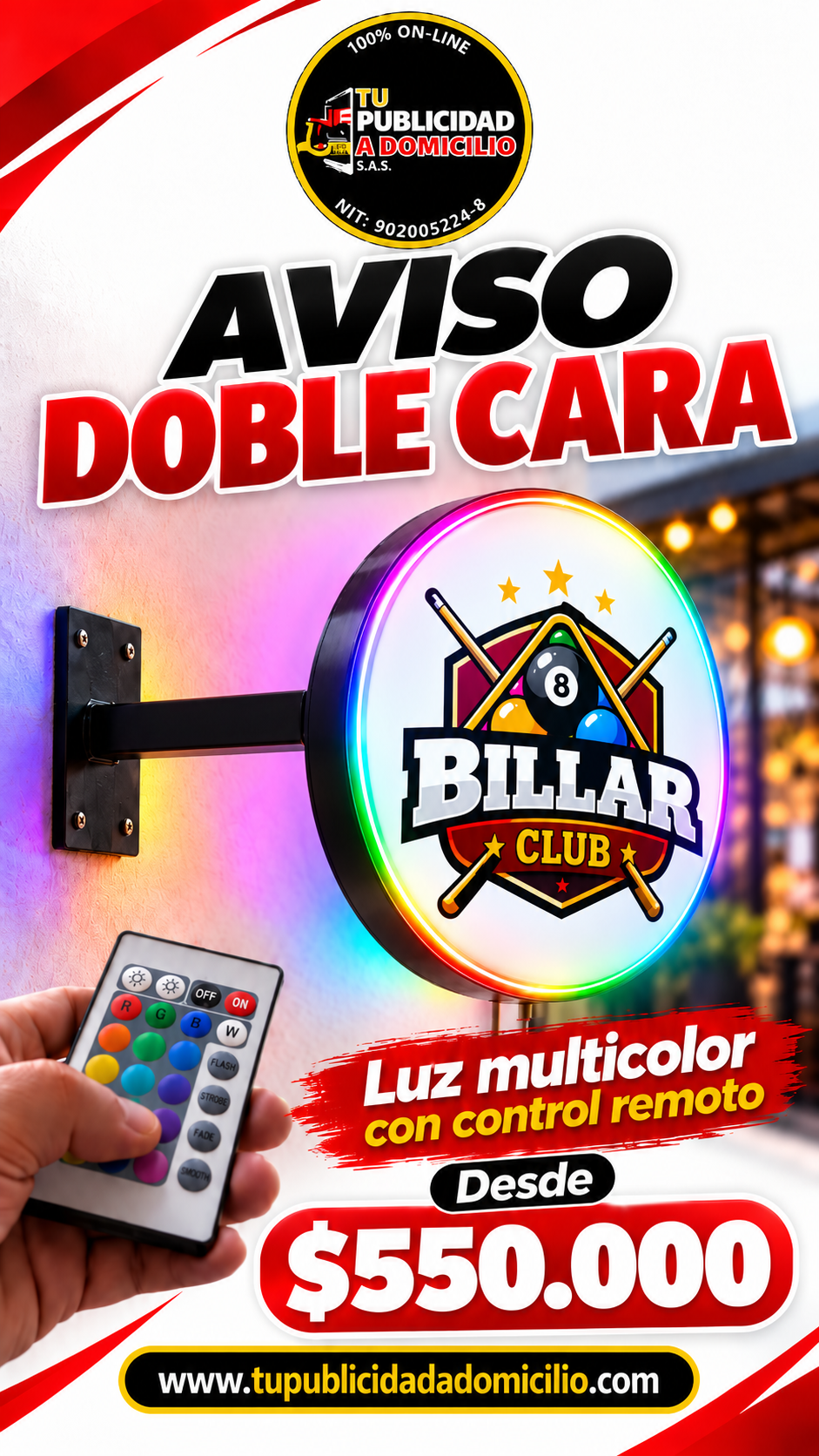 Aviso Doble Cara con Luz Multicolor y Control Remoto