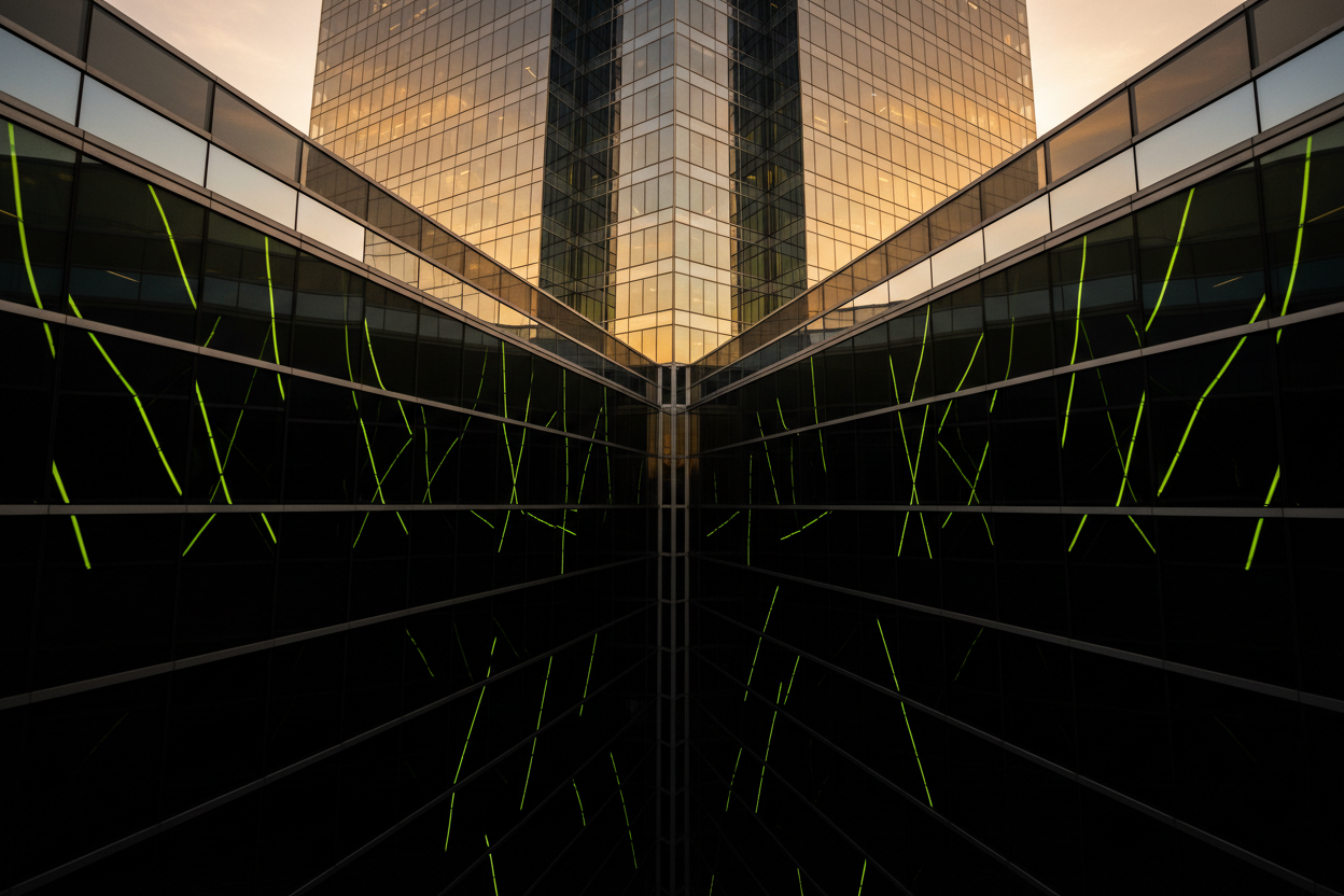 Modern architectural glass building reflecting light