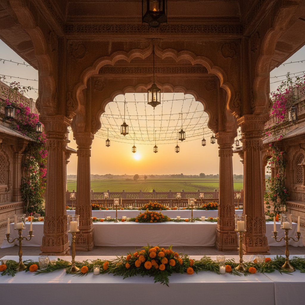 Elegant outdoor celebration venue at Indian temple with carved columns and candlelit tables at sunset