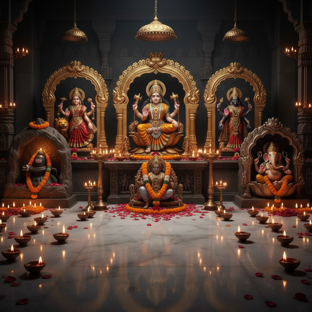 Sacred altar with Vishnu and Lakshmi surrounded by Shiva, Durga, Kali, and Ganesha shrines with golden candlelight