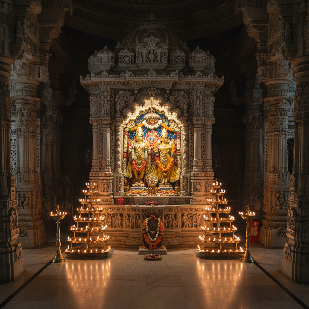 Grand temple interior with golden Vishnu and Lakshmi deities in ornate carved alcove with warm glow