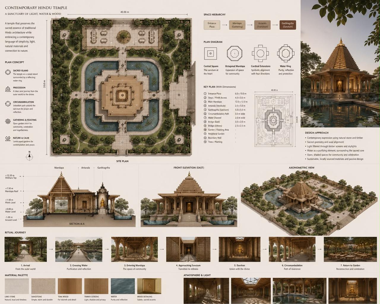 Architectural blueprint of the contemporary Hindu temple — master plan, sections, and ritual journey