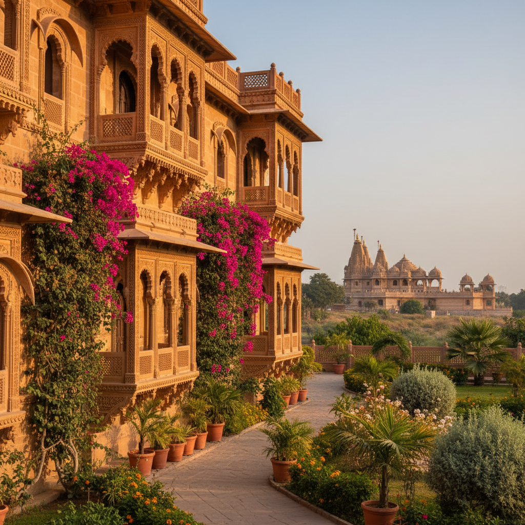 Elegant sandstone heritage guesthouse with carved balconies overlooking temple complex