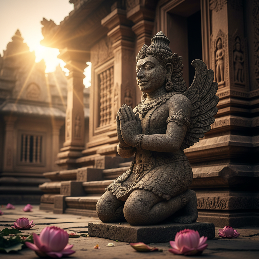 Golden hour temple courtyard with Garuda statue, oil lamps, and carved stone pillars