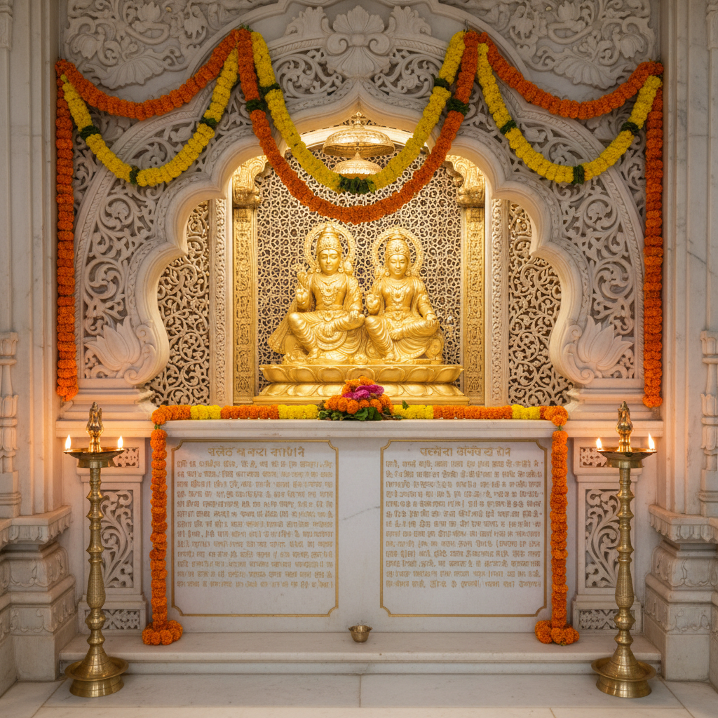 Ornate temple donor wall in white marble with gold inscriptions and flower garlands