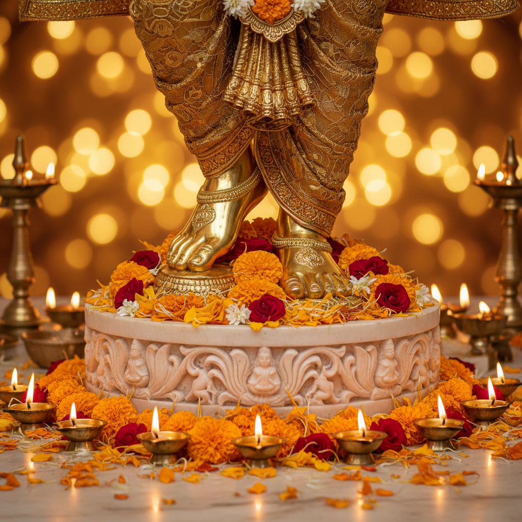 Golden deity feet with flower petal offerings and oil lamps in warm sacred light