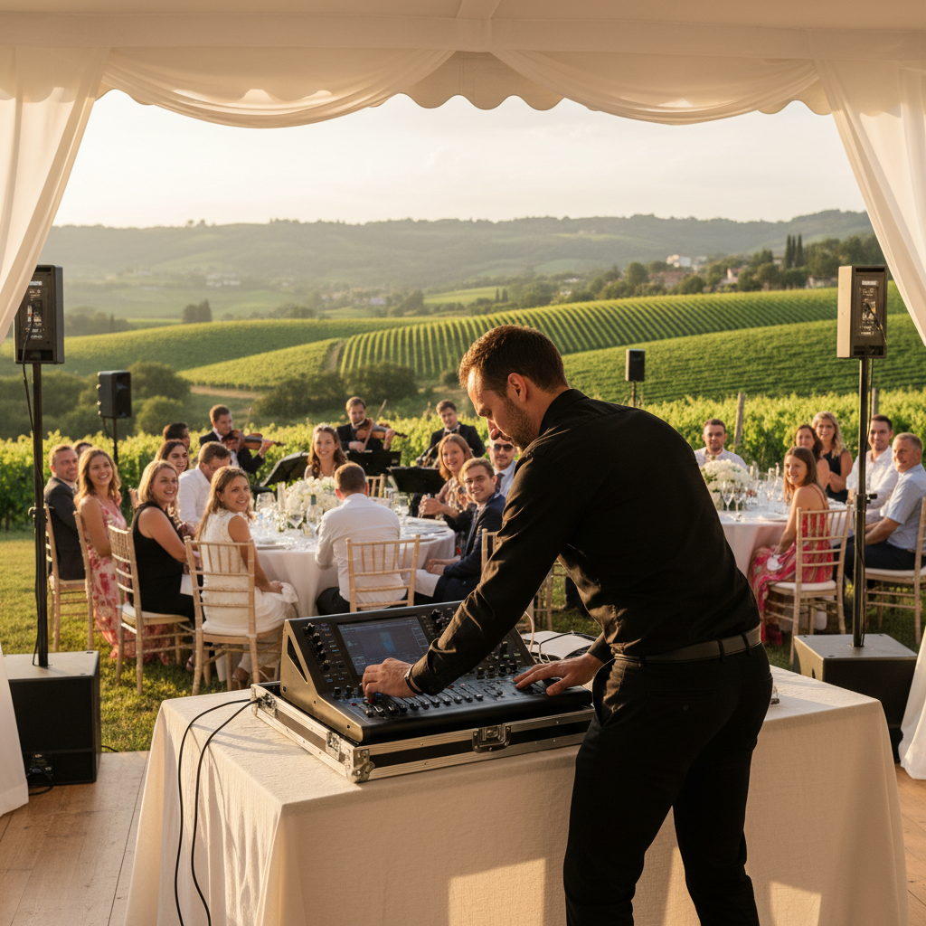 Sound engineer adjusting mixing console at luxury event