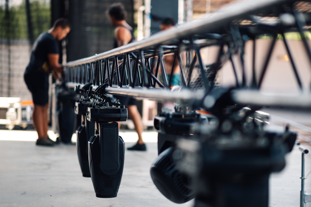 Stage rigging with lighting fixtures