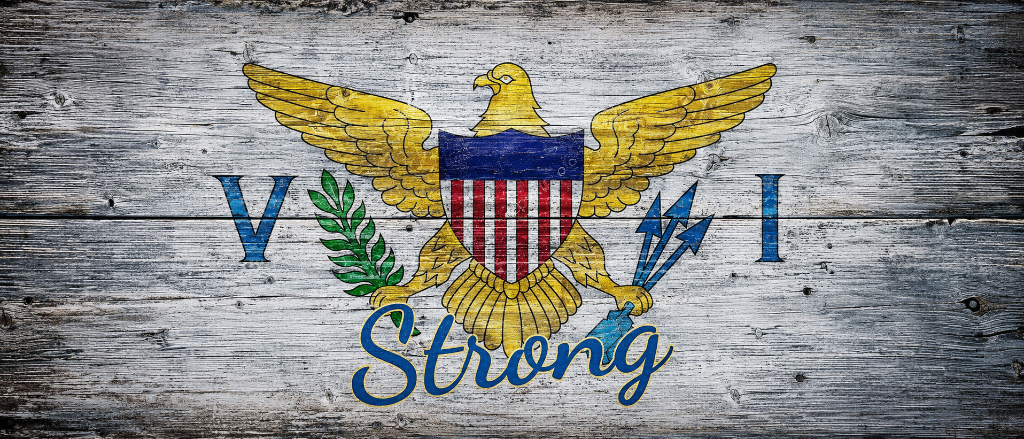 VI Strong — Virgin Islands flag painted on weathered wood