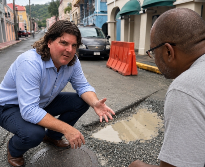 Gregory P. Smith crouching beside a pothole on a St. Thomas street, speaking with a resident