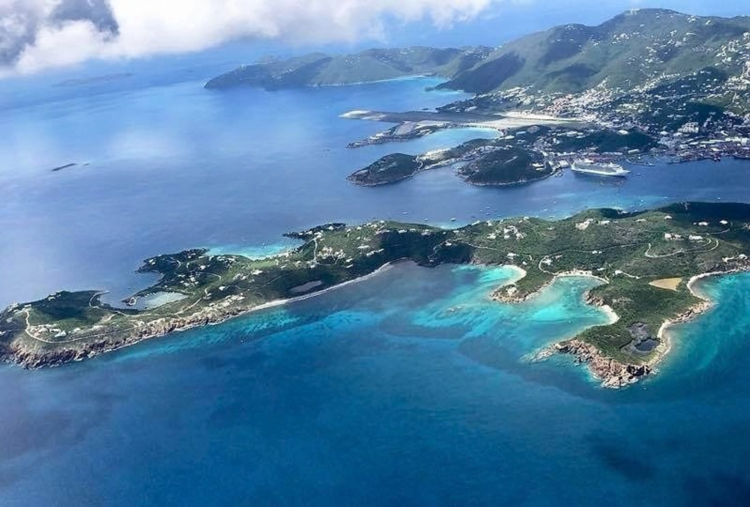 Aerial view of Water Island and the surrounding Virgin Islands from above.