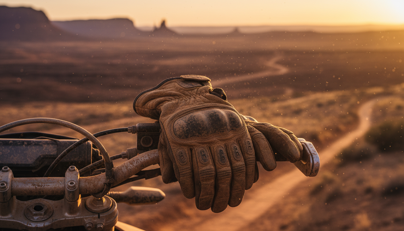Primer plano de guantes de aventura sobre los manillares de una moto trail