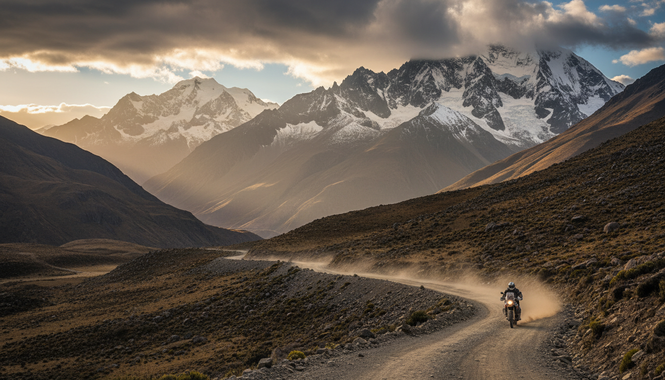 Motociclista de aventura atravesando un paisaje montañoso al atardecer