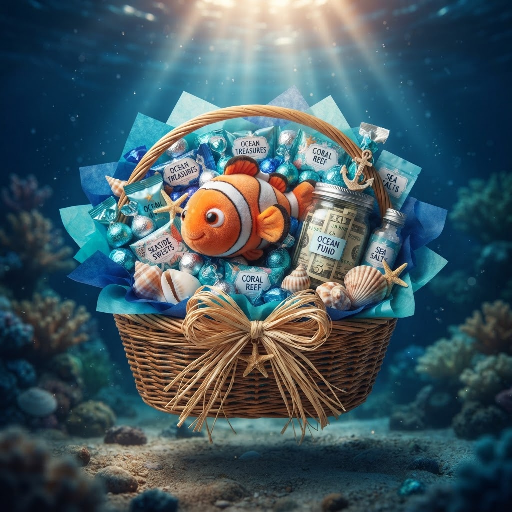 Example of the Opening Night raffle basket filled with ocean-themed prizes