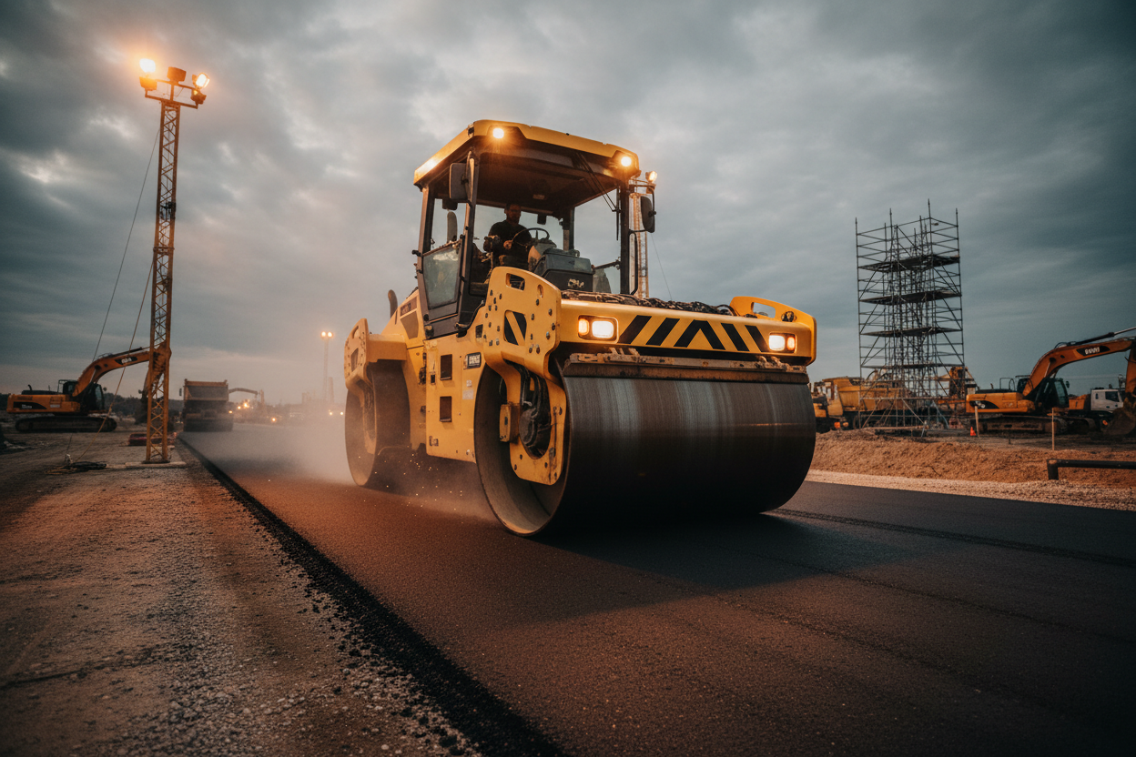 Heavy asphalt roller compacting fresh pavement