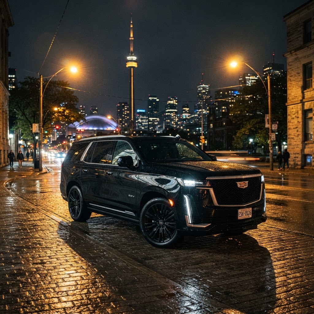 Luxury black limousine in front of the CN Tower at night