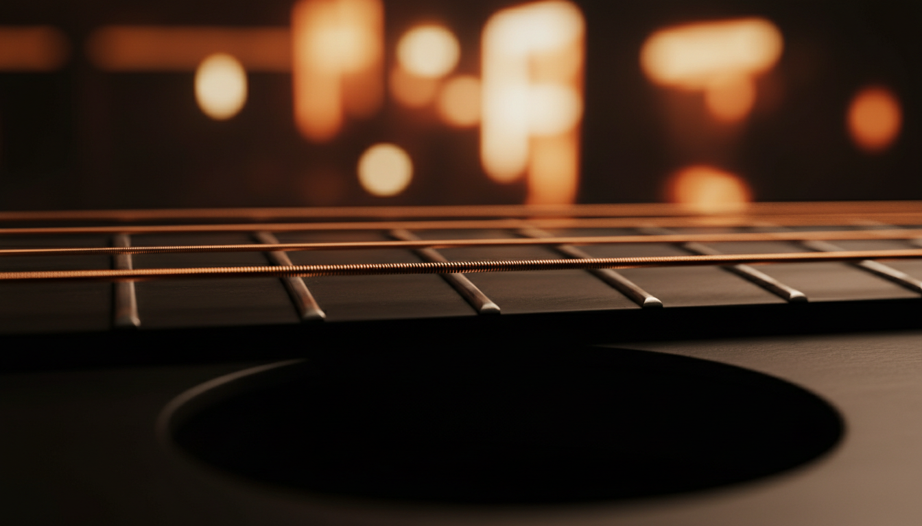 Close-up of guitar strings reflecting warm copper light