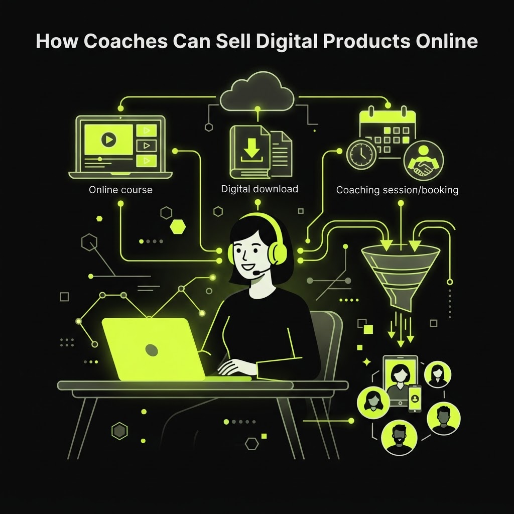 Coaches selling digital products and services online, showing bookings, courses, and digital downloads